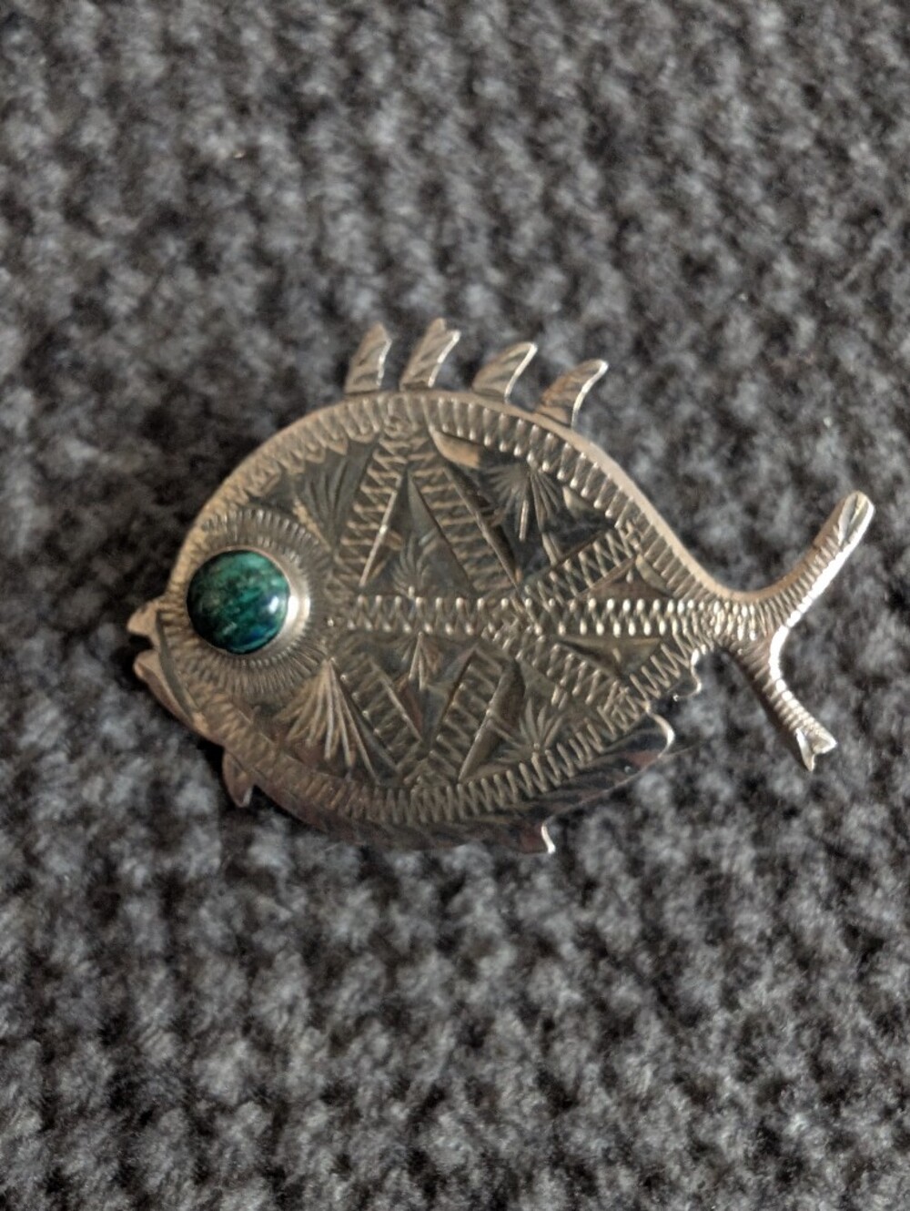 Vintage Handcrafted Sterling Silver Boho Fish Brooch Turquoise Accent